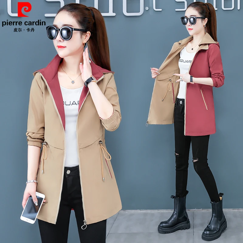 皮尔卡丹收腰显瘦连帽休闲风衣外套女2025时尚大码春秋中长款外套
