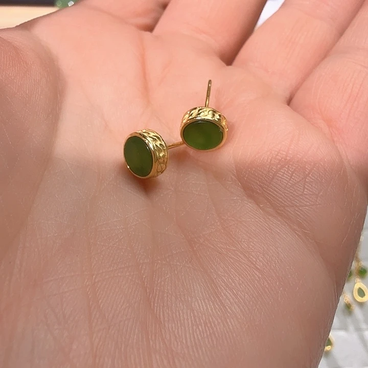 和田玉耳饰银S925镀金镶嵌