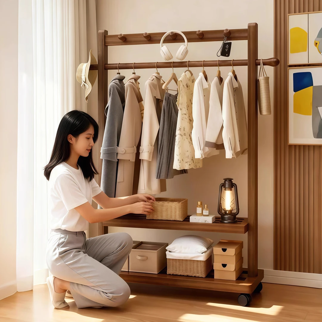 实木落地衣帽架可移动内衣盒鞋盒收纳架进门玄关卧室立式挂衣架