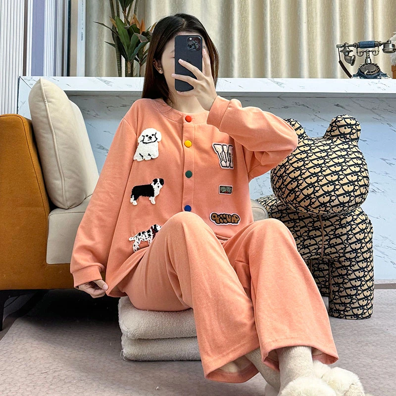 【彩扣小狗】卡通甜美可爱羊绒长袖睡衣女宽松冬保暖家居服套装 383