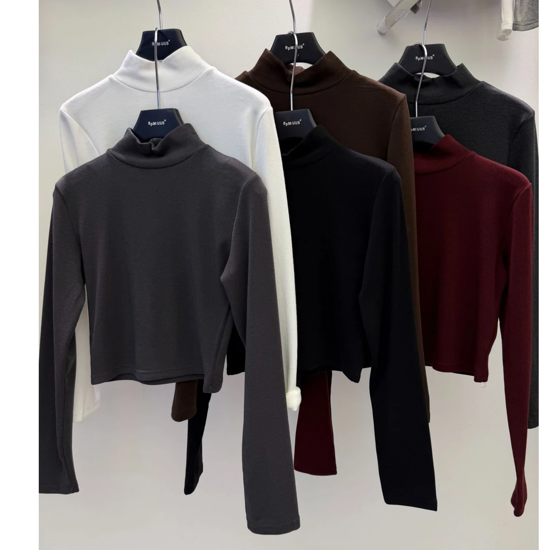 女打底衫半高领秋冬长袖基础款T恤长袖内搭堆堆领-3255