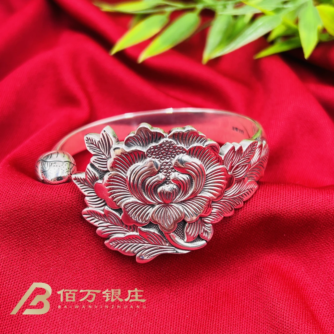足银手镯 【佰万银庄】足银999古法做旧哑光牡丹花民族个性风手镯