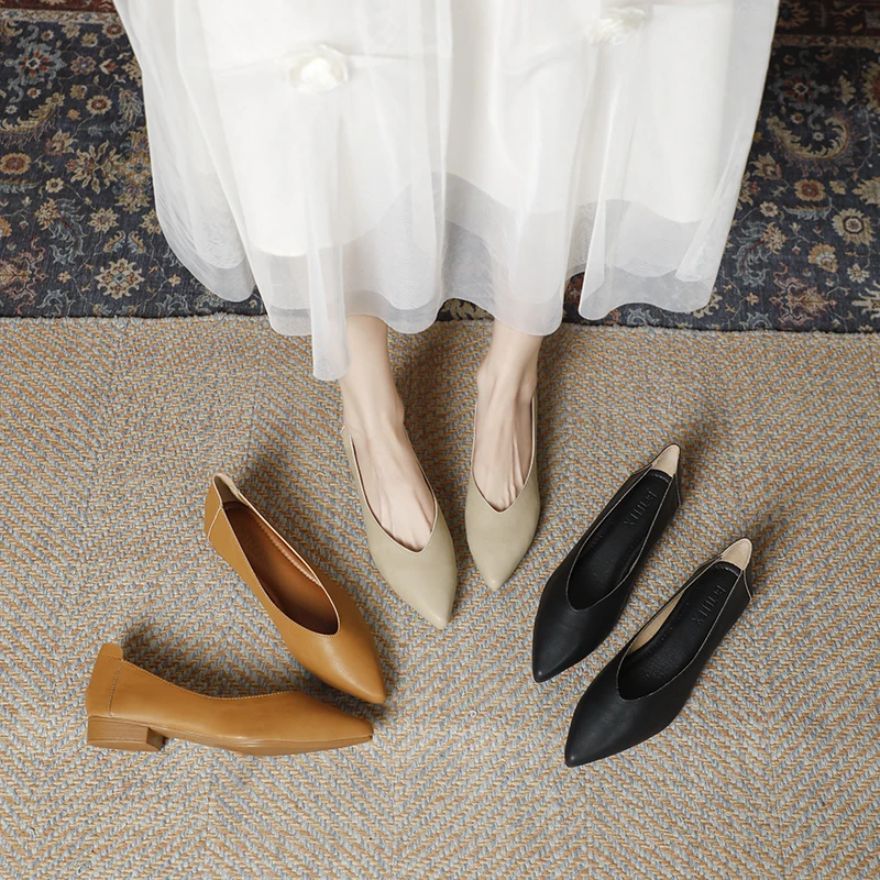 真皮尖头百搭多色低跟女鞋2025气质舒适时尚春季温柔软底真皮307