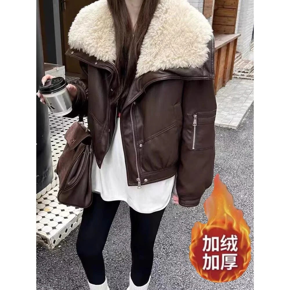 范哲萨羊羔毛大翻领加绒皮衣外套女2025冬季新款加厚加绒保暖夹克