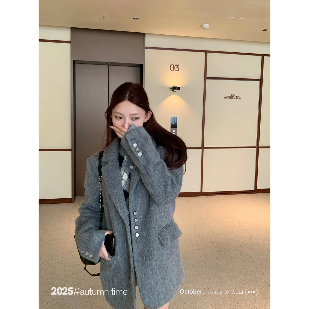 SUNONEONE 羊毛宽松休闲毛呢西装外套女秋冬季韩系复古上衣H1500W