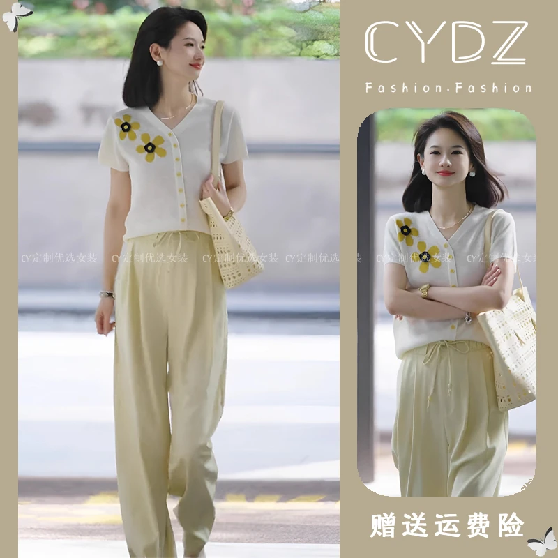 夏季韩系独特设计感绝美气质小众减龄白色花朵短袖针织t恤套装裤