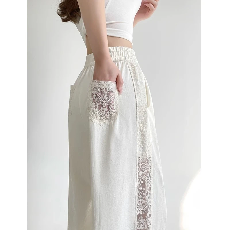 白色蕾丝镂空阔腿裤女夏季2025新款高腰设计感拼接宽松冰丝休闲裤