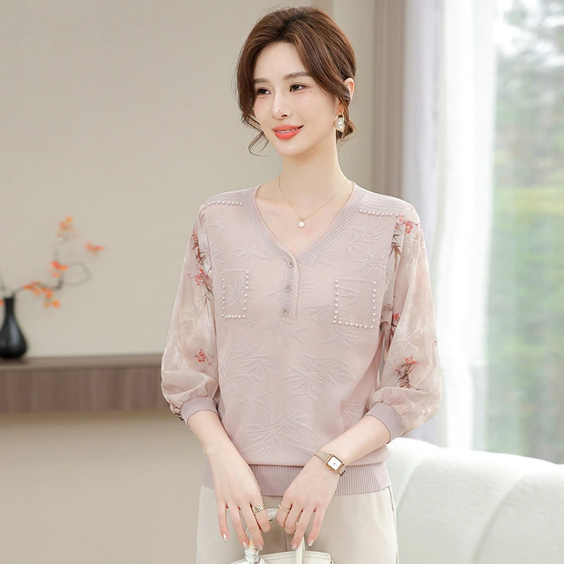 妈妈春装新款上衣洋气高贵夫人气质小衫中老年女装春秋长袖打底衫