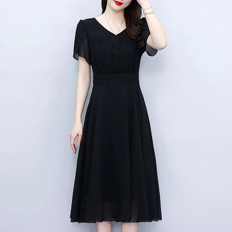 高级感纯色气质连衣裙女夏季新款妈妈时尚洋气A字裙短袖雪纺裙子