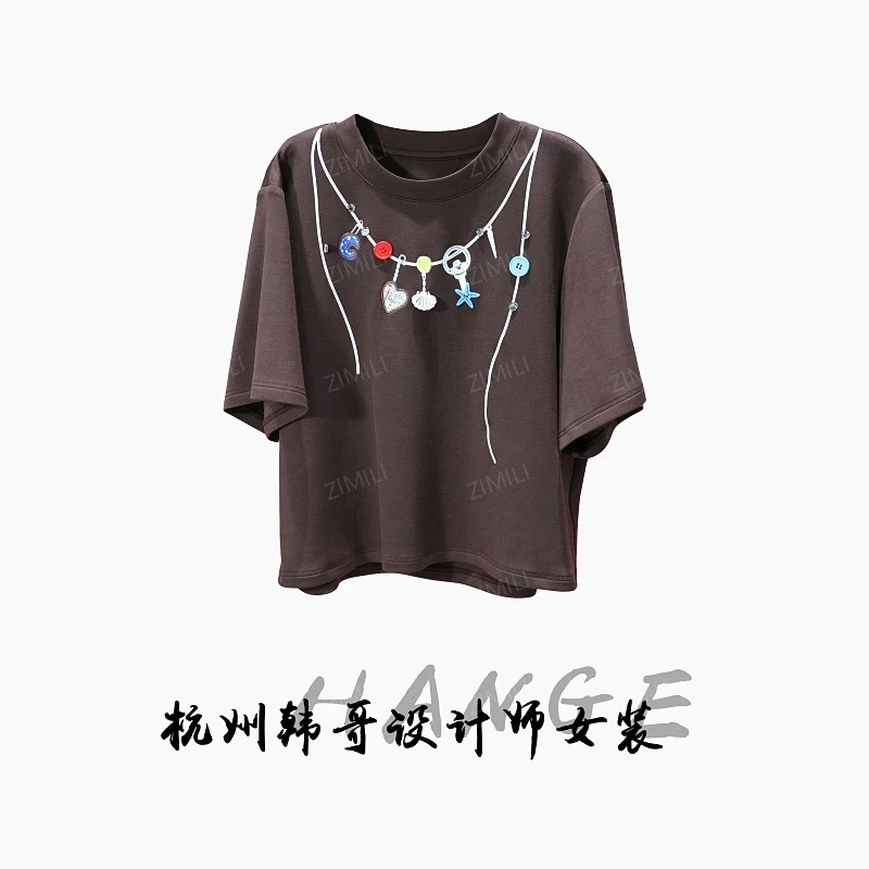 【韩哥女装】2025欧版咖啡色线条印花立体撞色高克重短袖8756-C7