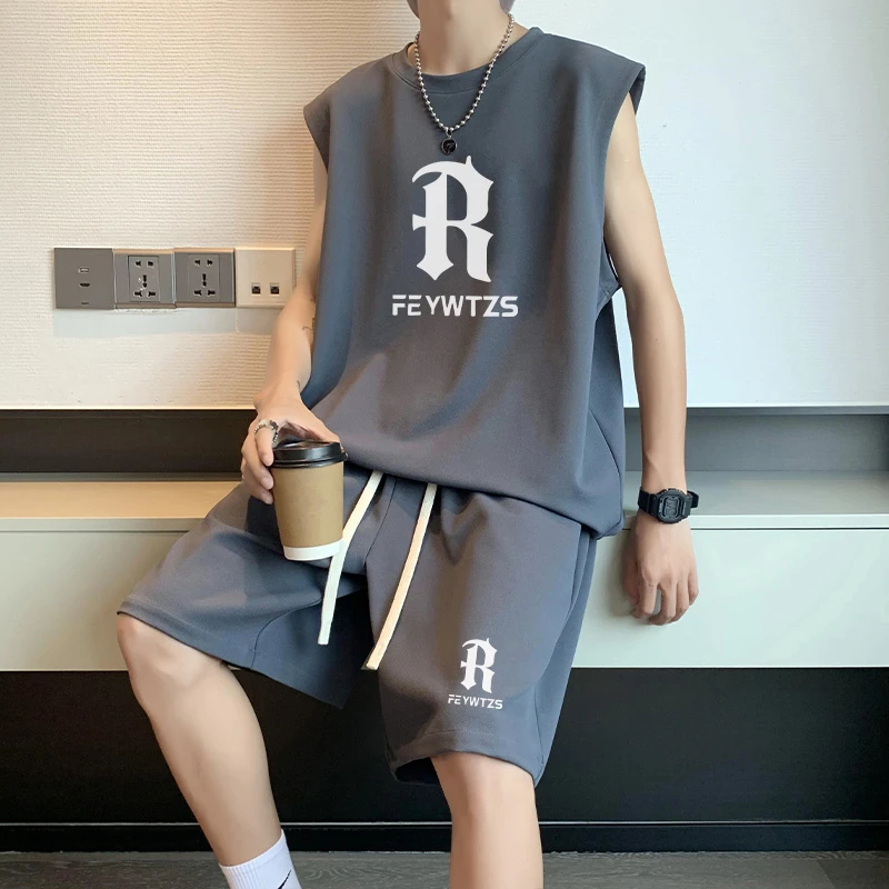 夏季新款青少年运动休闲无袖T恤套装港风潮流帅气百搭宽松两件套