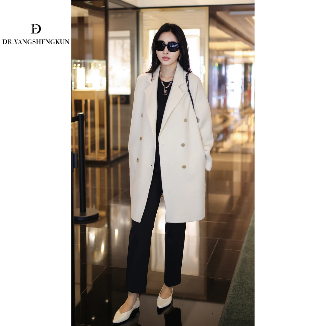 杨圣坤2025新品绵羊毛羊驼毛双排扣廓形毛呢大衣外套女TR2581203