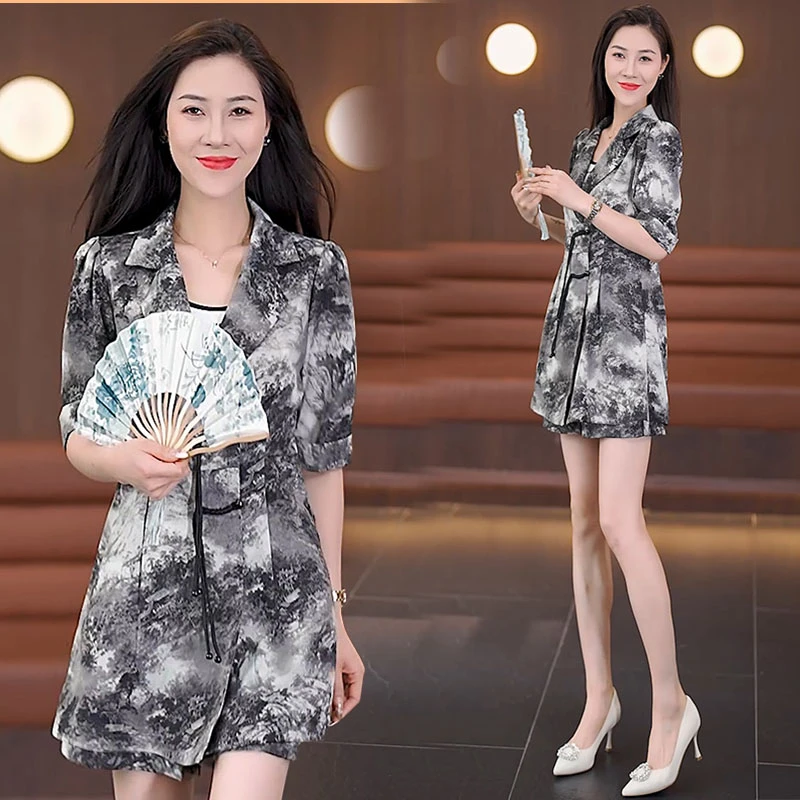 新中式国风套装裙裤女2025年夏季新款收腰显瘦印花盘扣开衫两件套