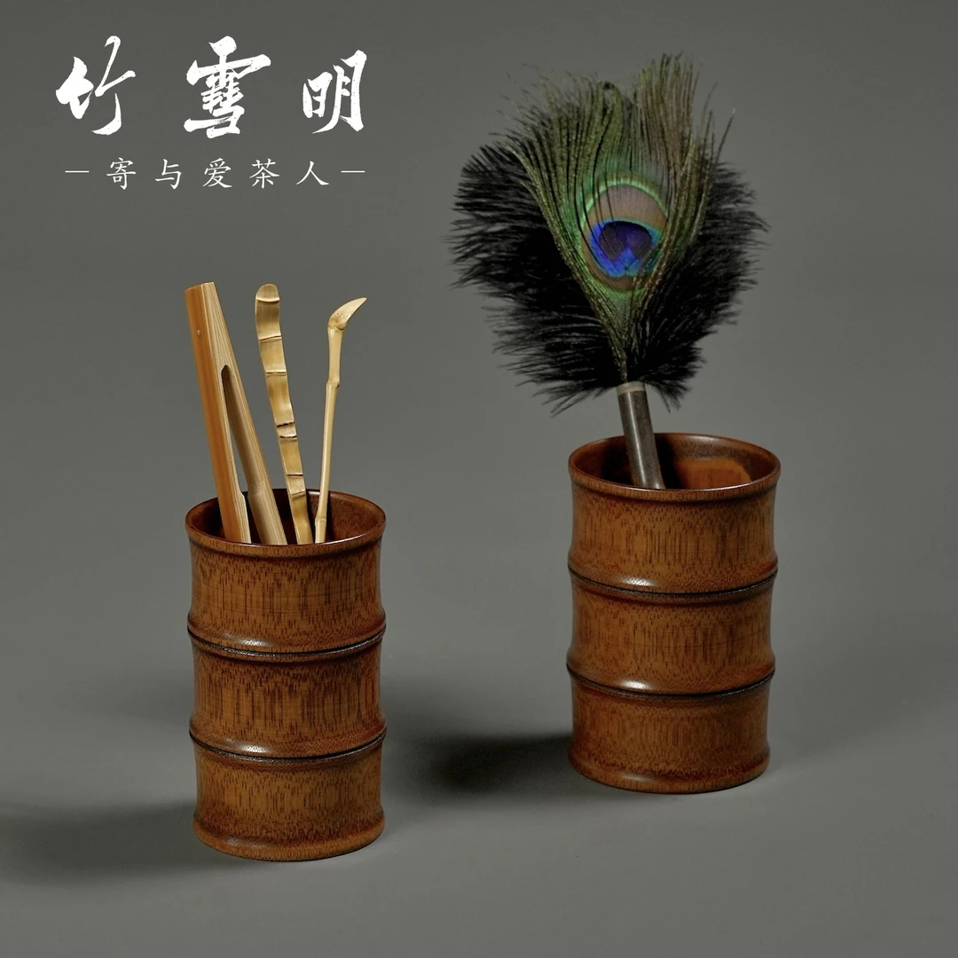 竹雪明|天然老料三竹节茶筒 大漆竹笔筒文房四宝收纳桌面装饰摆件