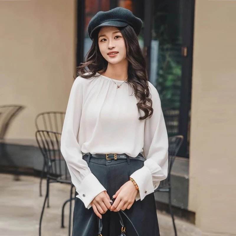 【商场同款】优雅气质压褶垂感圆领衬衫宽松温柔简约衬衣女1301028