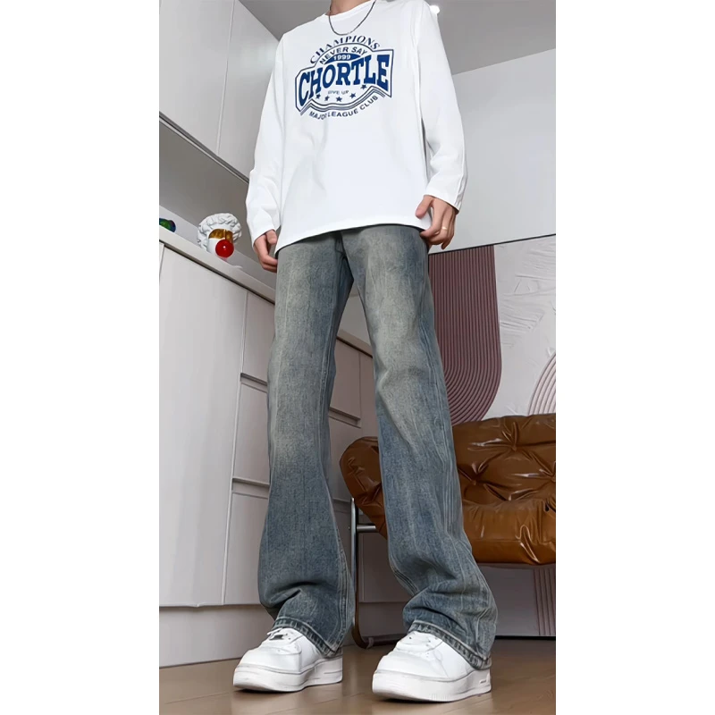 闪电竹节纹直筒牛仔裤男早秋季高街vibe显腿长裤子美式潮流微喇裤