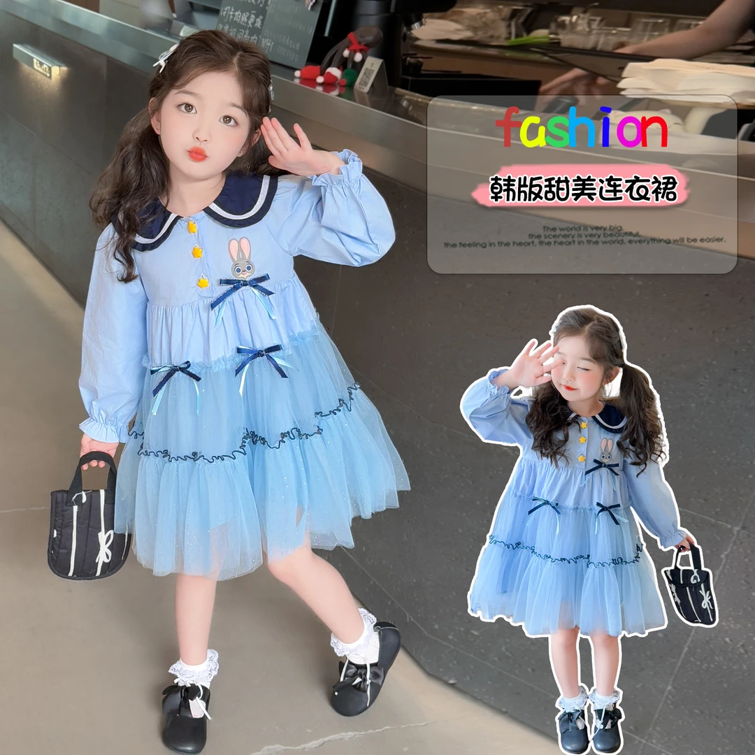 兔子警官女童公主裙娃娃领秋装新款春秋裙子儿童小女孩连衣裙洋气