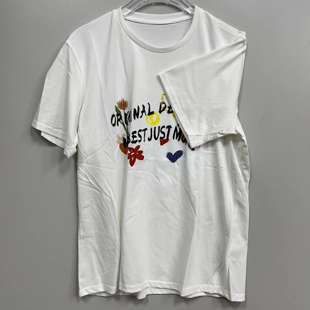 2506136五色纯棉串连珠设计字母印花短袖T恤女25春夏新款