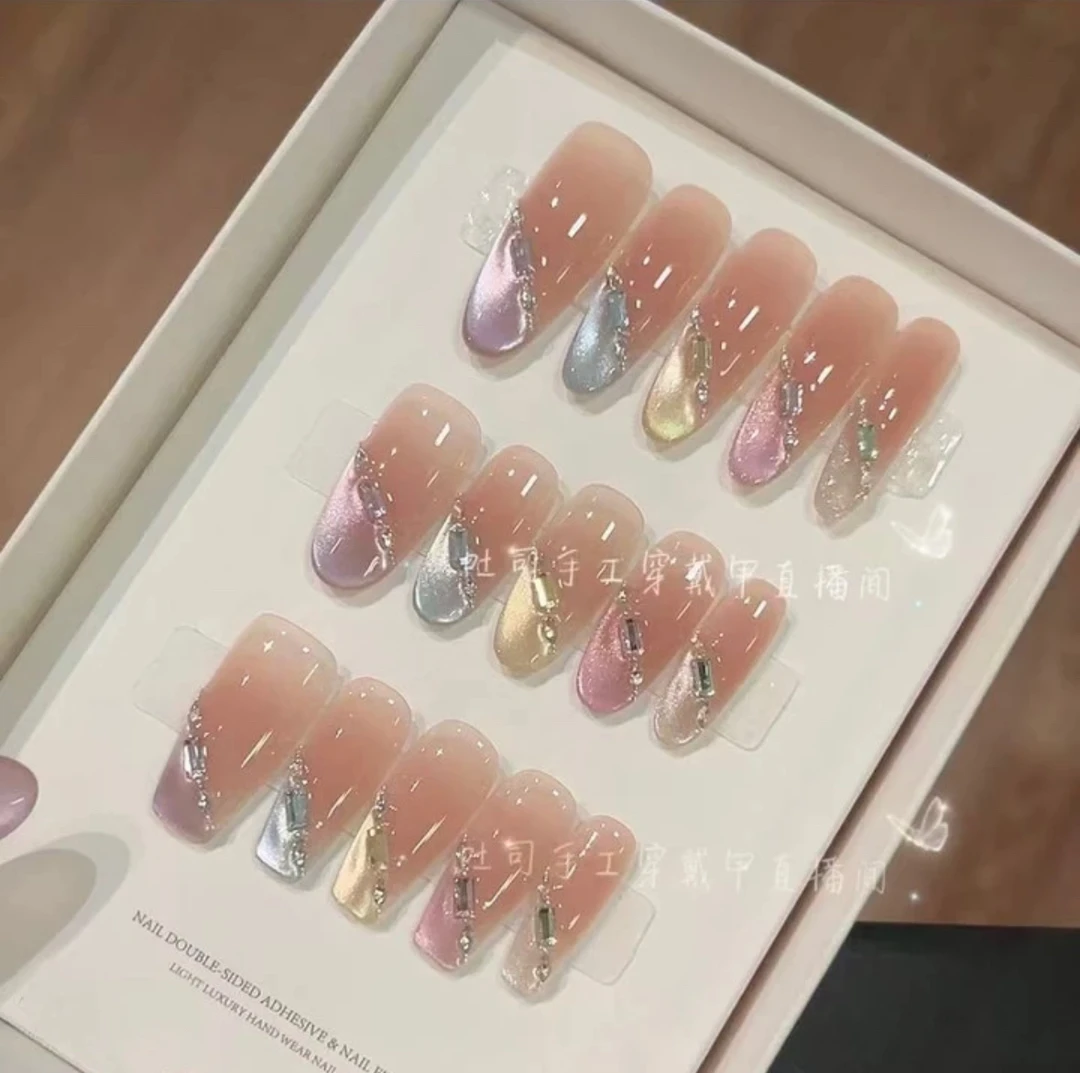 【彩虹糖】纯手工穿戴甲多巴胺彩色猫眼法式显白高级感可拆卸美甲