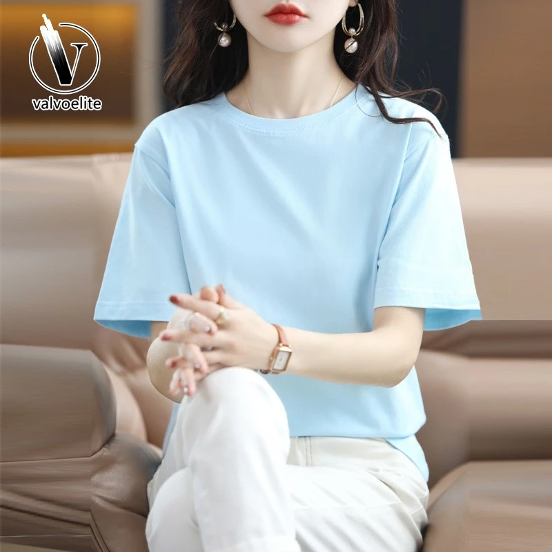 VALVOELITE短袖t恤女夏季新款宽松打底正肩白色上衣洋气时尚休闲