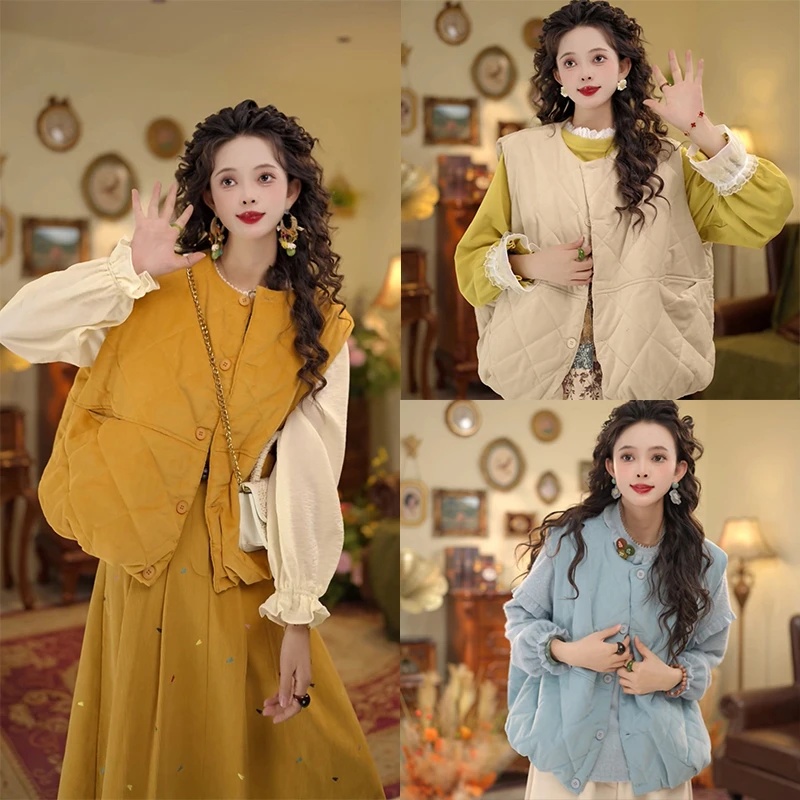 扣子家【油画女孩】港风复古加厚开衫马甲夹棉款上衣KM2477289