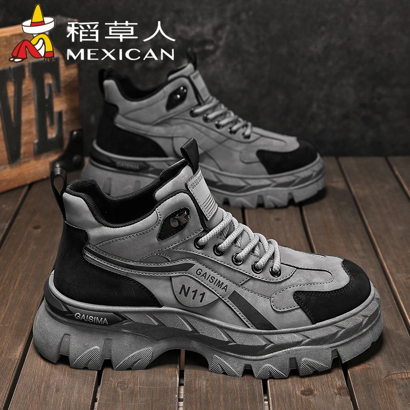 稻草人新款马丁靴男款百搭英伦风厚底工装骑士靴子帅气国潮男鞋子