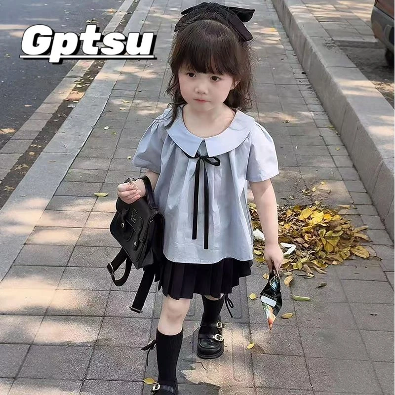 GPTSu女童夏装凉感套装2025夏季新款儿童学院风短袖百褶裙两件套