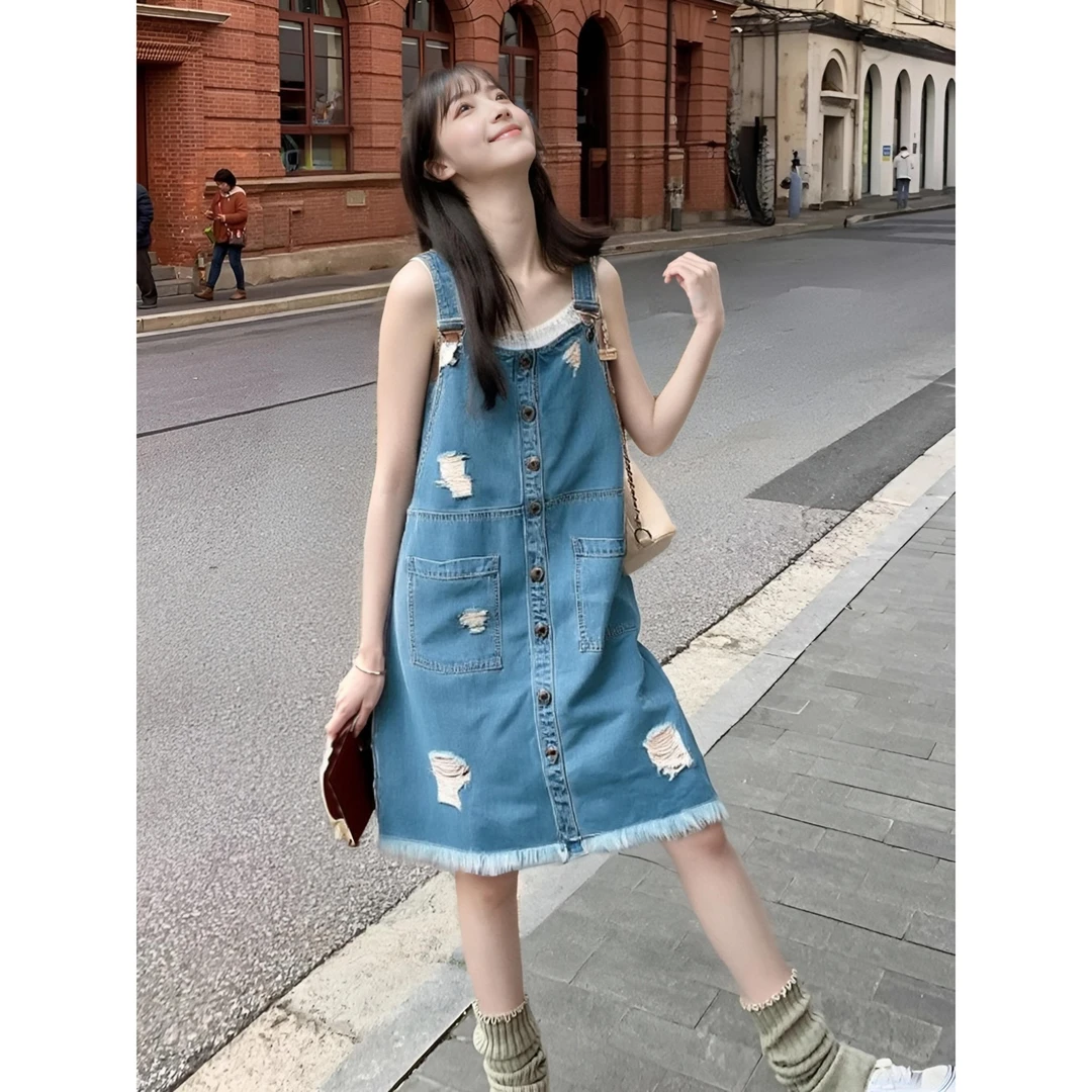 J7IBQ068#2025夏新款小众设计感连体裙女宽松休闲牛仔背带裙