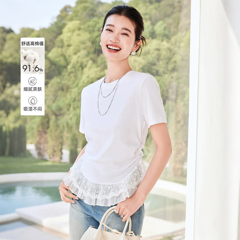 柒尺帛2025夏装新女士短袖抽褶蕾丝拼接圆领T恤Q52X0022T