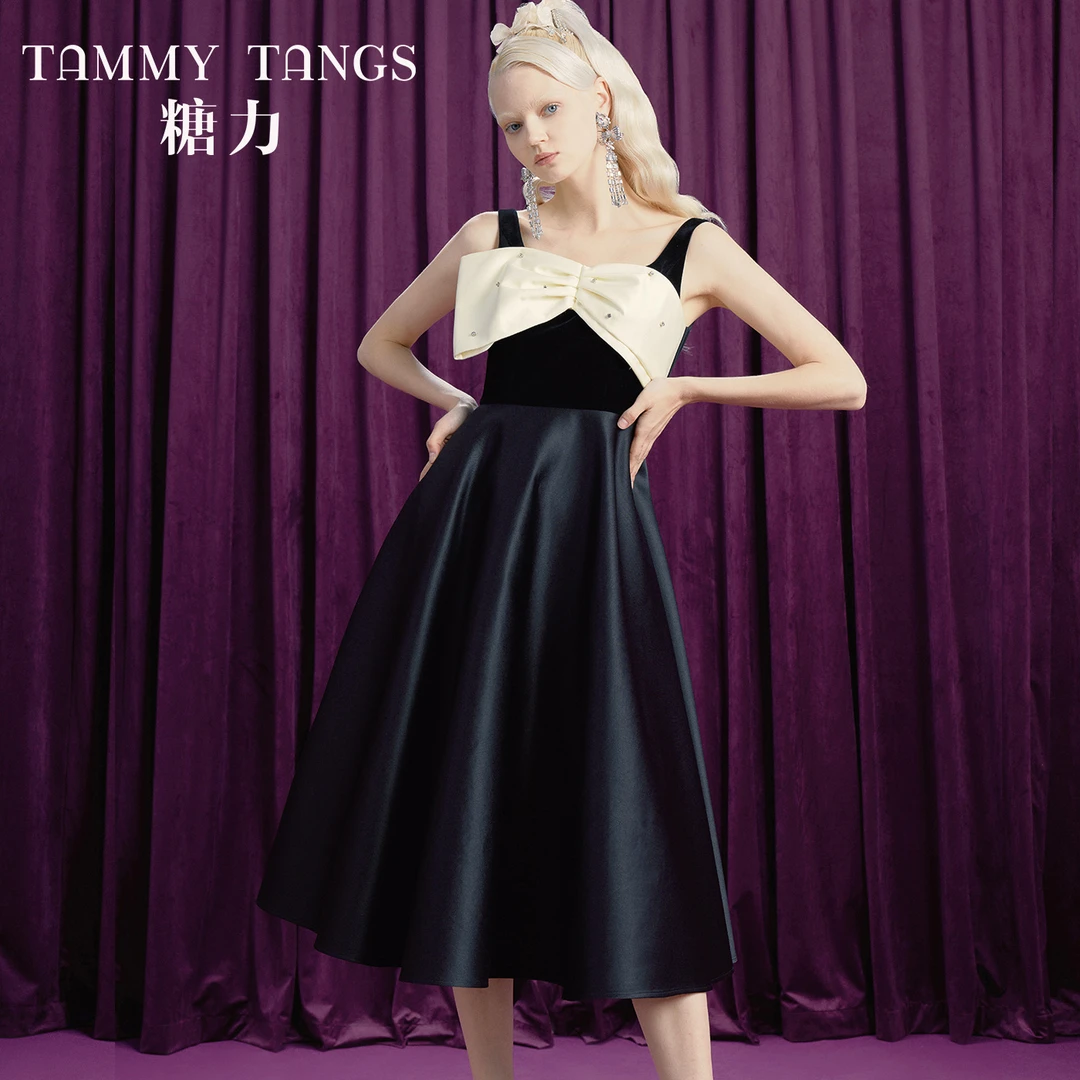 【达人专属】糖力高雅小礼服女中长款撞色钻饰蝴蝶结吊带连衣裙