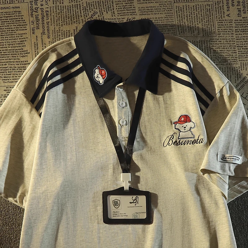 学院风三条杠撞色polo领短袖t恤女夏慵懒感宽松半袖休闲潮牌上衣