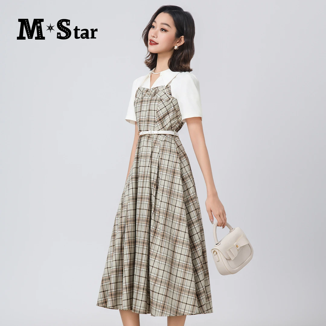 【白姐专属】M-复古翻领格纹拼接格子连衣裙SFBL121817