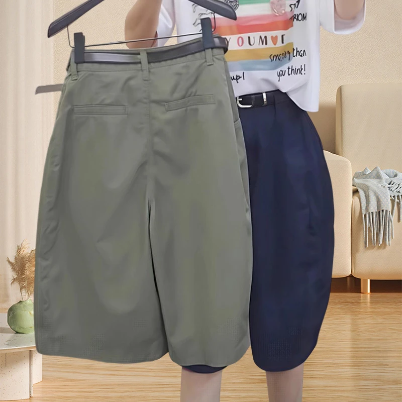 美式百搭阔腿休闲工装裤女生宽松裤子夏季高腰显瘦五分裤简约短裤