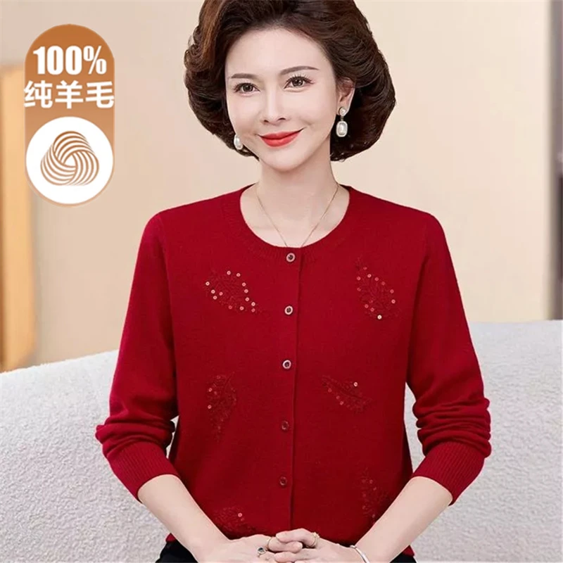 妈妈装绣花100%纯羊毛衫开衫中老年女装针织毛衣外套秋冬新款上衣