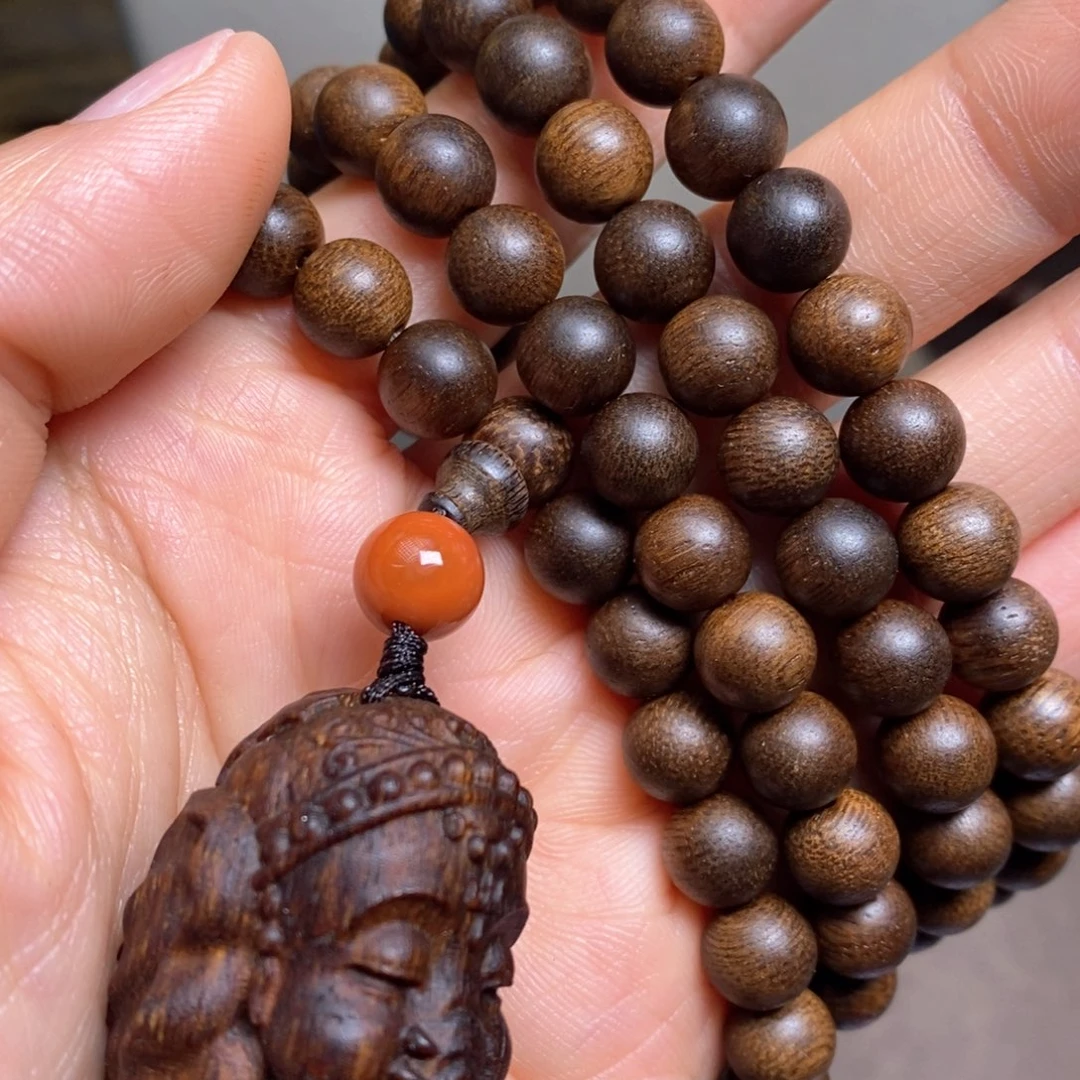 沉香手串越南富森红土糖结08×108➕白棋楠象神沉香木雕