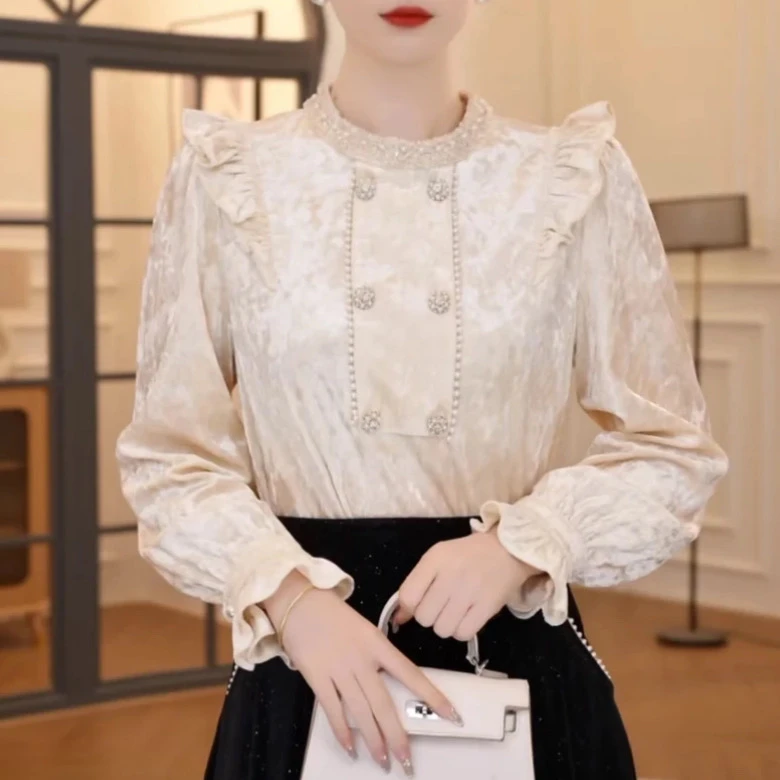 393常规荷叶袖长袖衬衫法式设计感拼接气质泡泡袖复古小众荷叶边