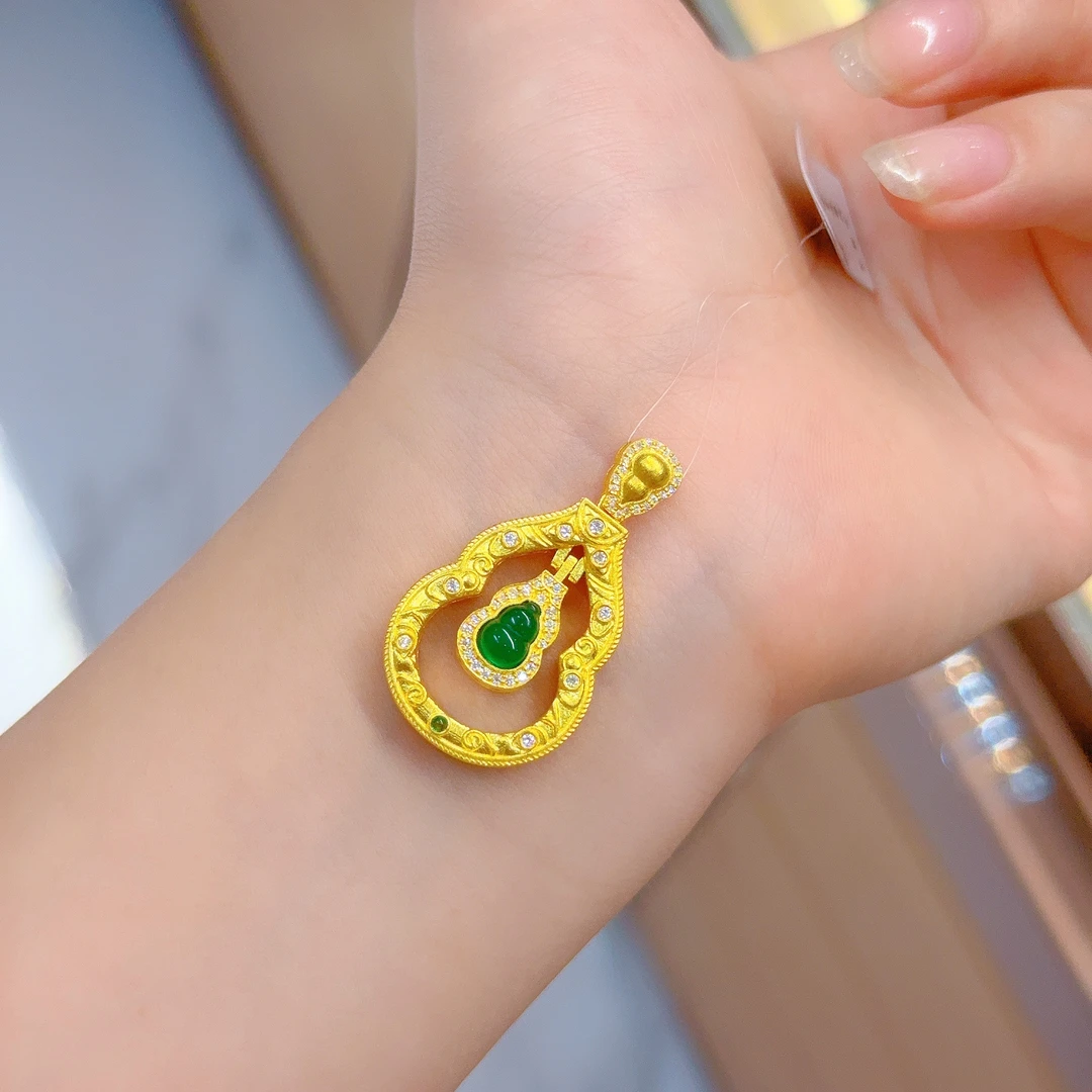 宝裕华黄金足金999 古法莫桑如意绿宝葫芦吊坠（不含链）