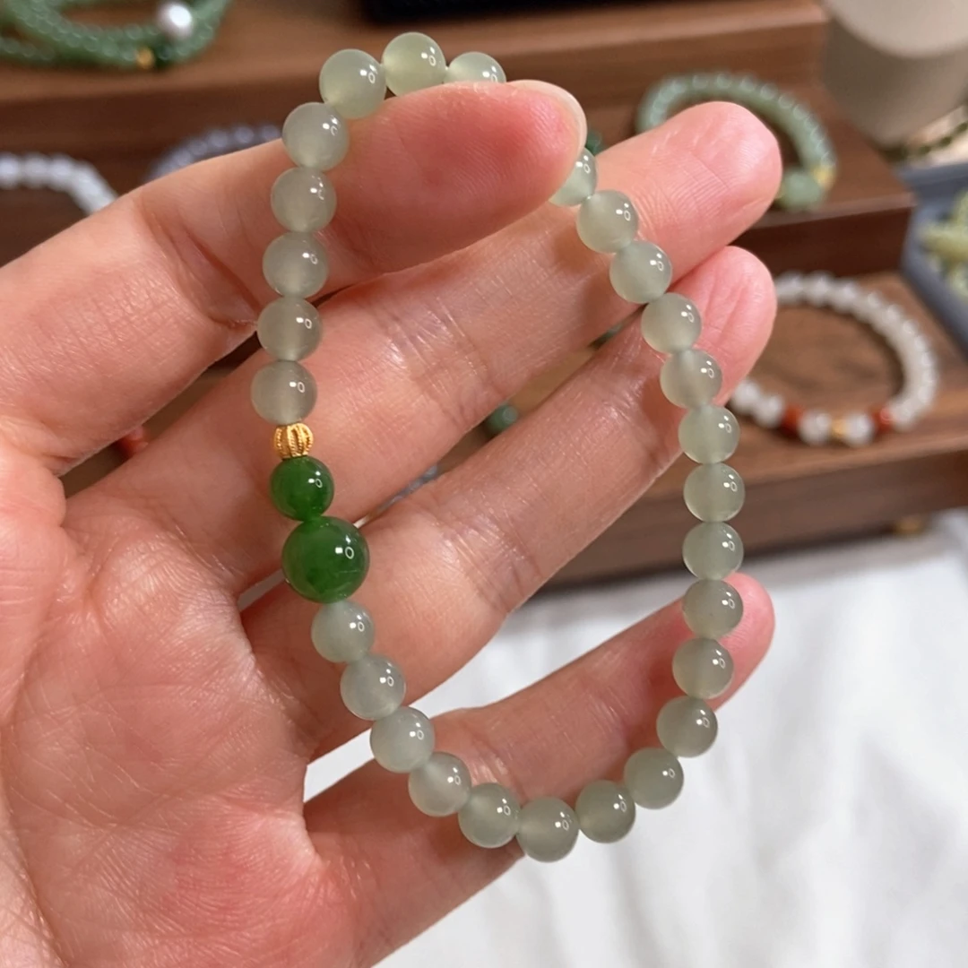 和田玉手链银S925镶嵌福利6mm冰晴水