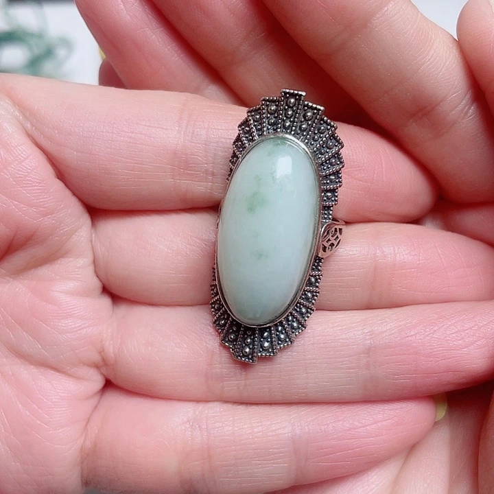 莹***儿透闪石-蛇纹石玉银S925镶嵌戒指