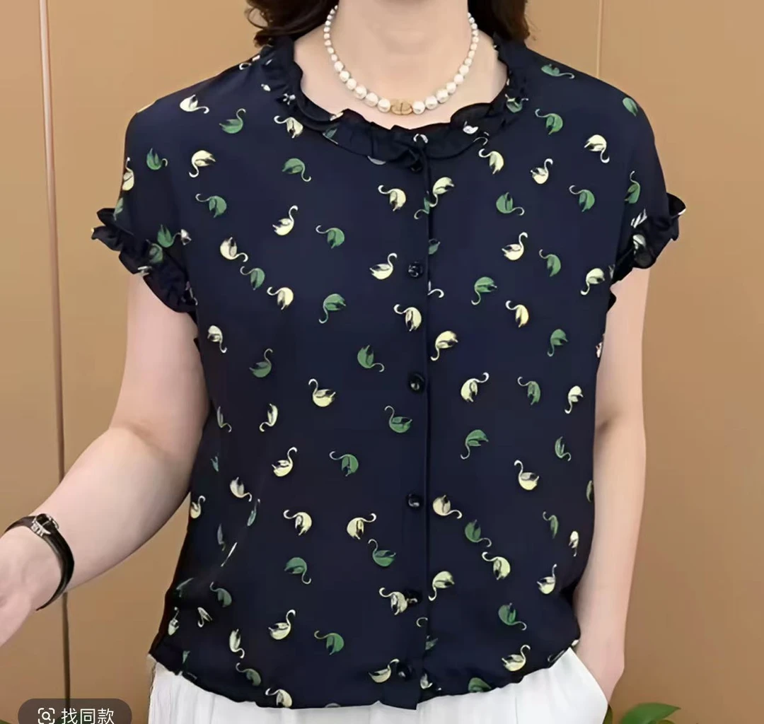 木耳领法式薄款圆领中老年女装碎花夏季慵懒风