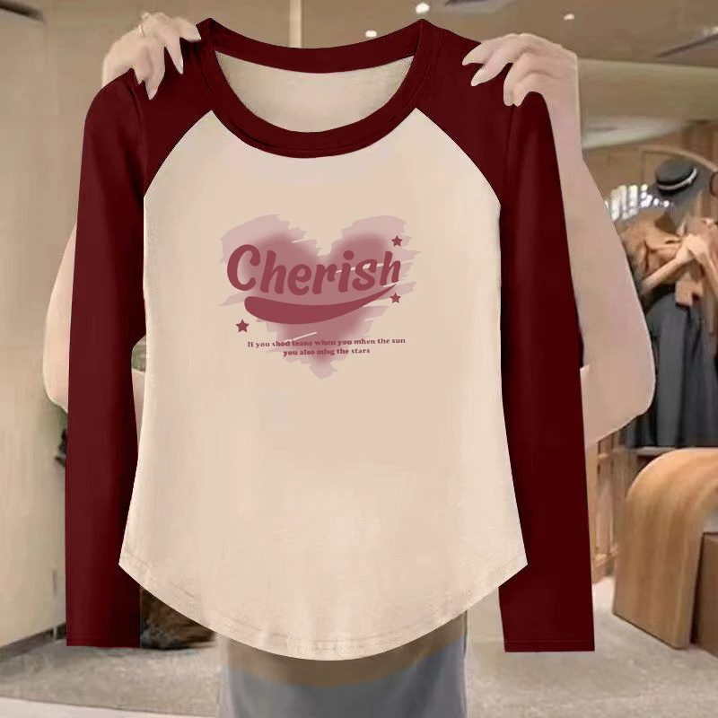 插肩长袖女T恤纯棉春秋款显瘦拼接撞色印花时尚拼色百搭设计感