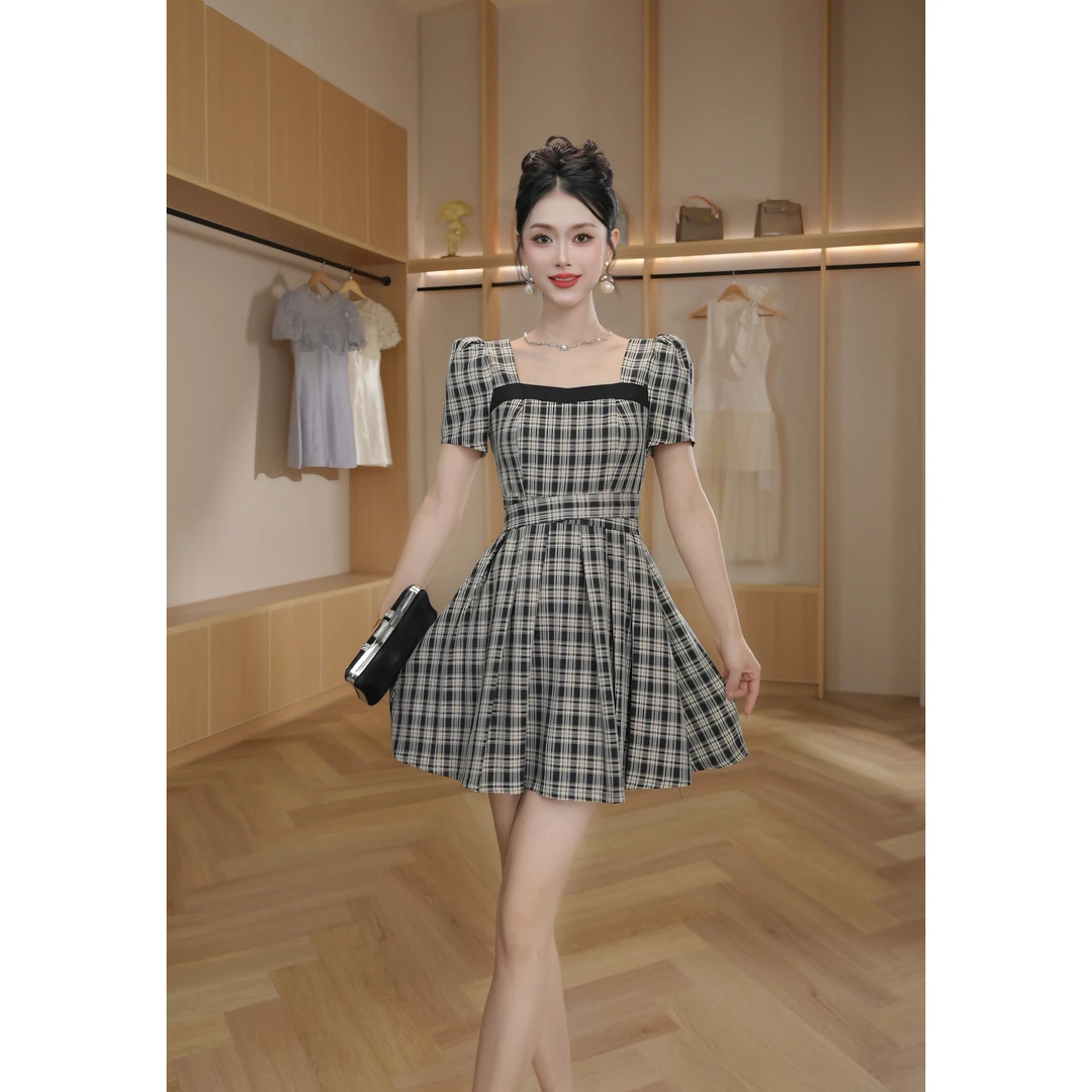 【设计师定制】千鸟格显瘦气质轻奢名媛宴会高贵复古连衣裙61255