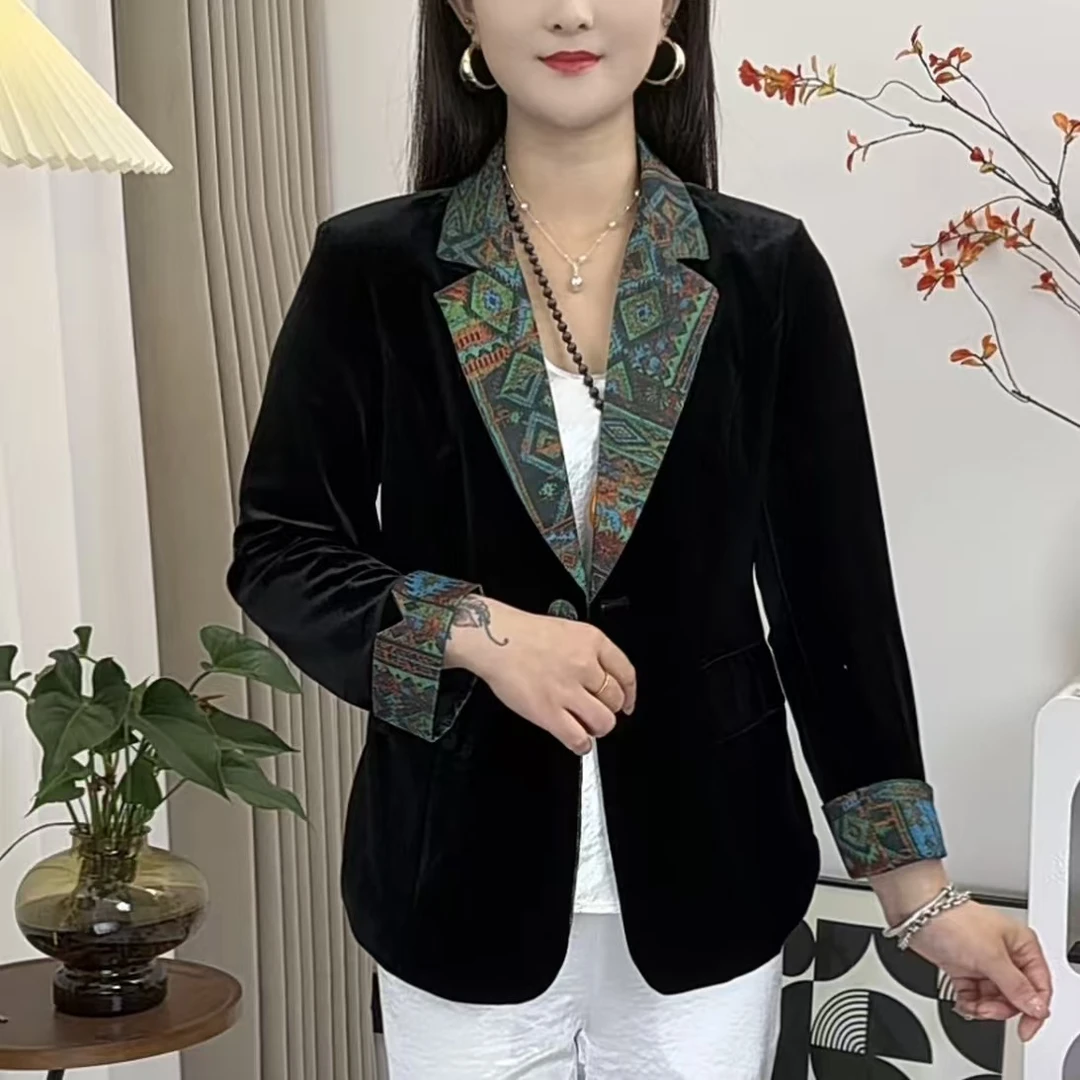 新款秋季端庄拼接丝绒西装外套 洋气减龄