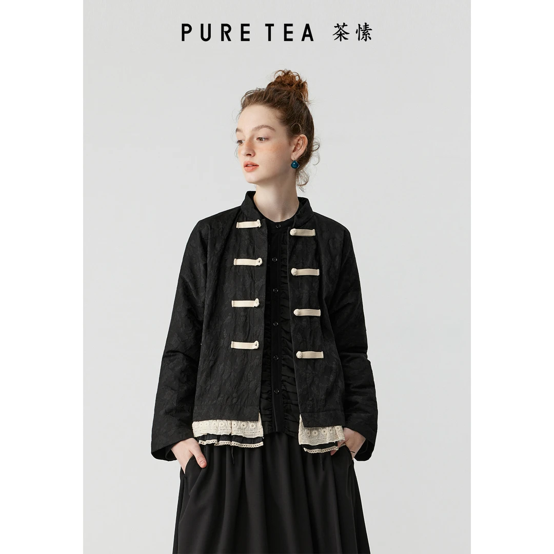 PURE TEA/茶·愫柔软亲肤棉涤提花肌理长袖中式短外套