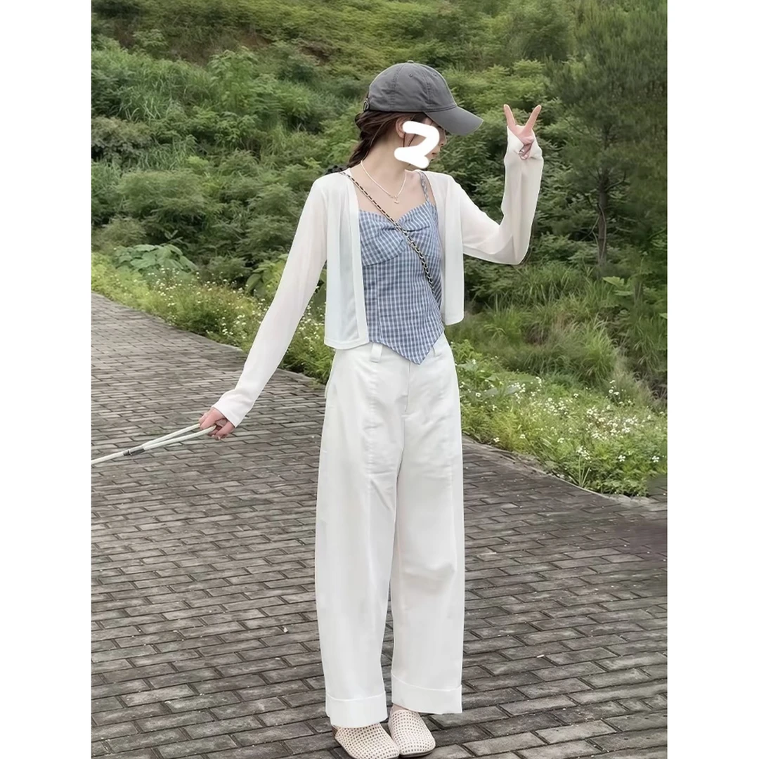 夏季新款韩系不规则下摆短款格子吊带＋纯色薄款开衫两件套女潮