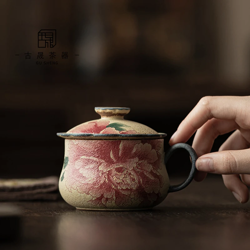 古晟 青花火石红-国色天香-福禄茶咖杯