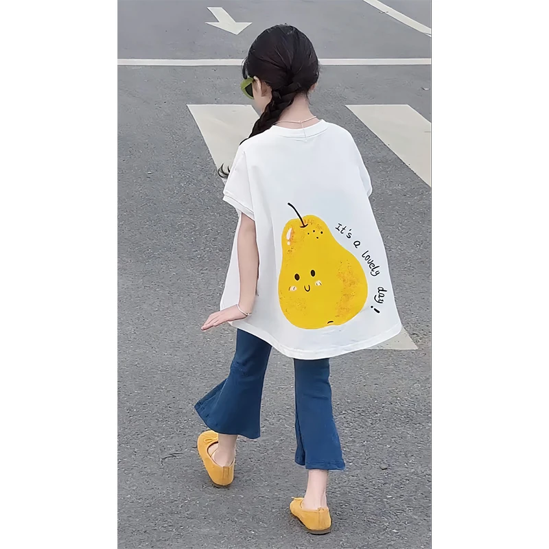 小女孩洋气夏装套装夏季韩系女童休闲短袖上衣+九分喇叭裤两件套