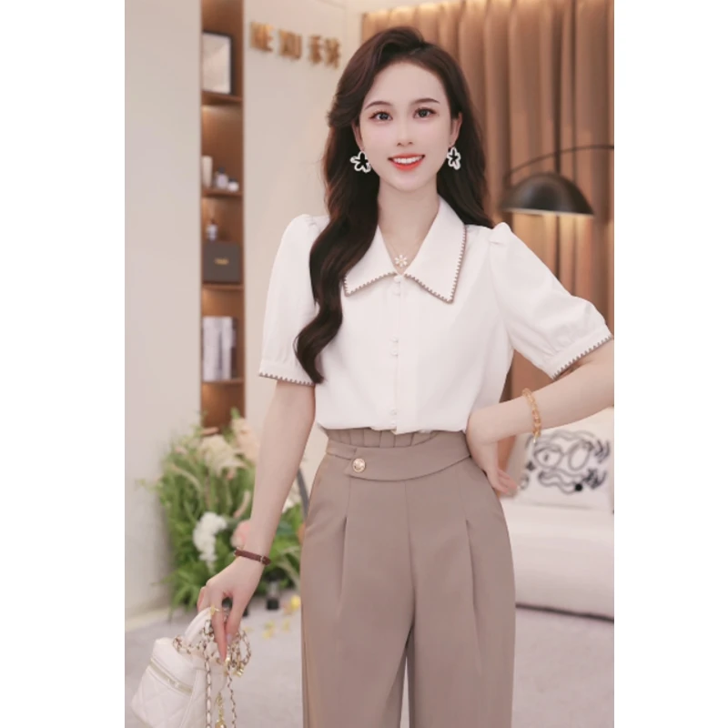 法式小清新翻领短袖衬衫女2025夏季新款设计感小众百搭显瘦上衣