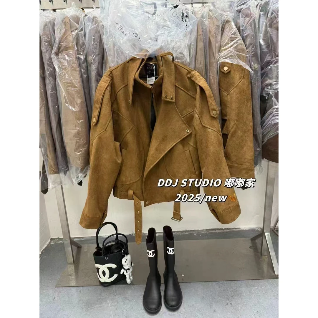 冬季新款气质百搭麂皮加棉设计感双领ins外套