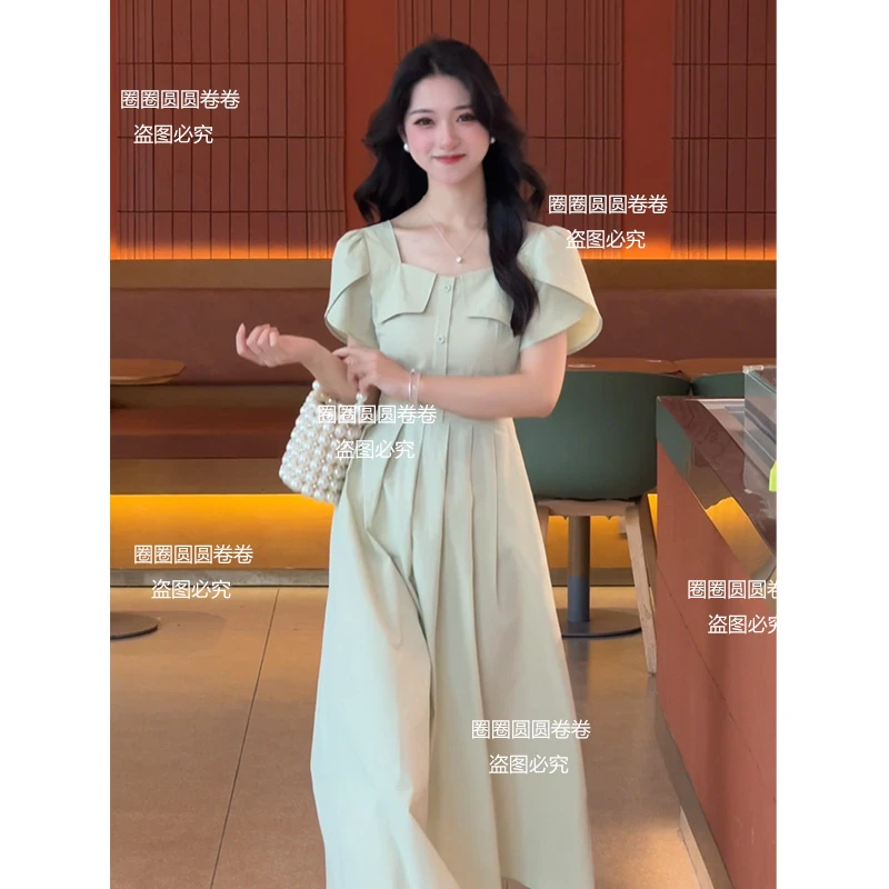 【现货+运补】【卷卷自制】100%棉法式方领显瘦收腰果绿色连衣裙